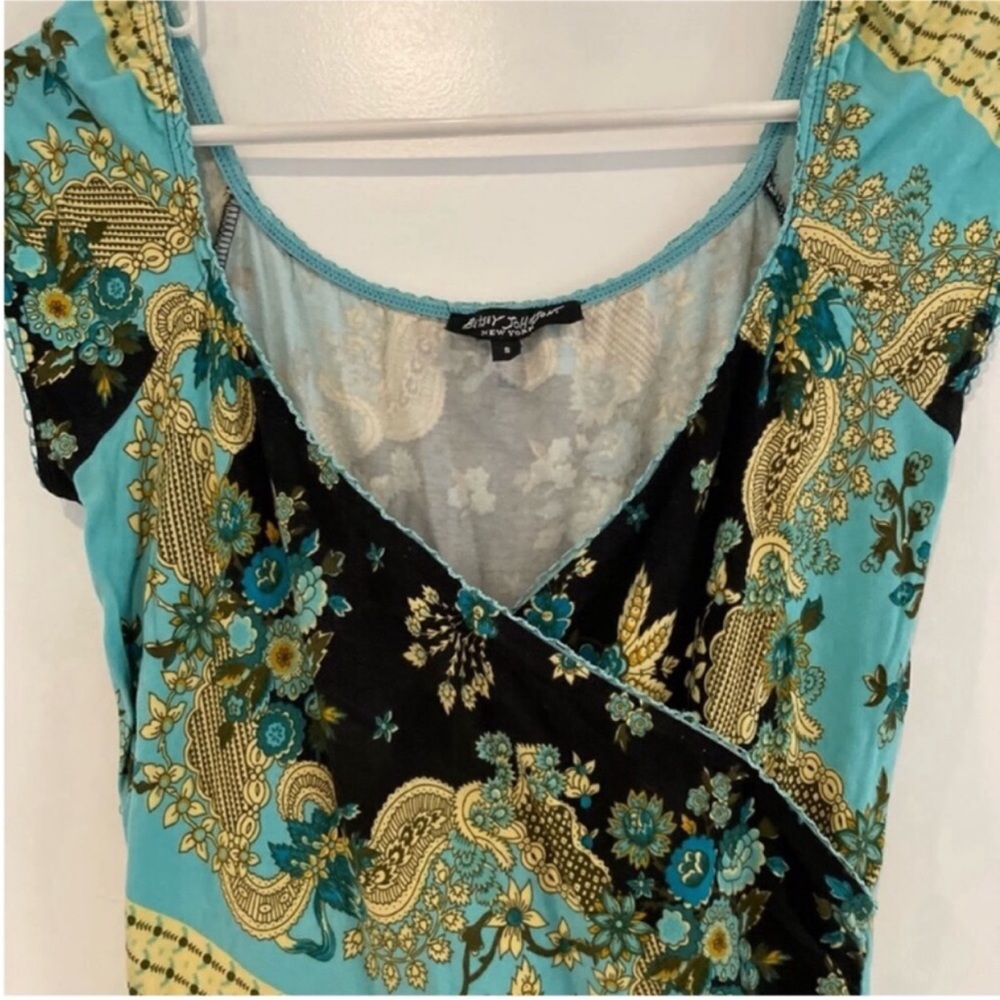 Betsey Johnson Turquoise/Black Floral Paisley Print Jersey Dress Size Small L